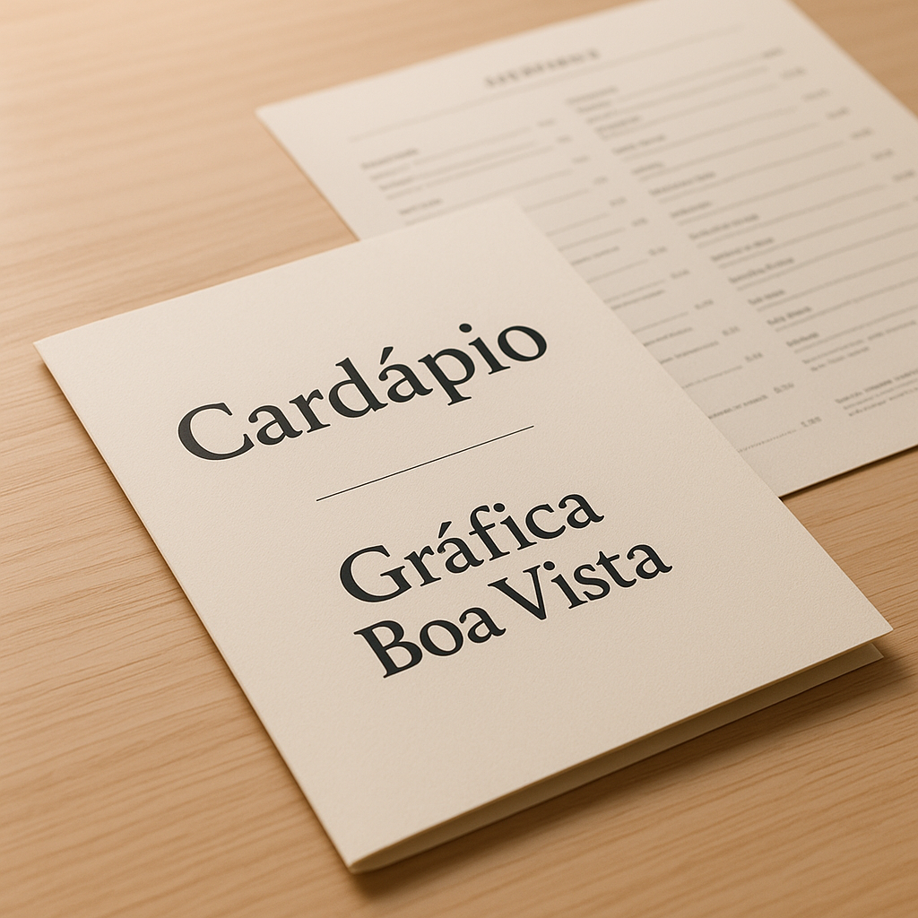 Cardápio para bar impresso sobre mesa de bar moderno e bem iluminado