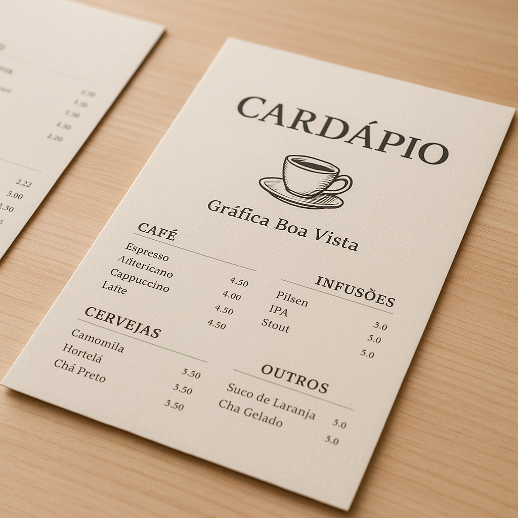 Cardápio impresso para cafeteria em uma mesa de café com visual profissional