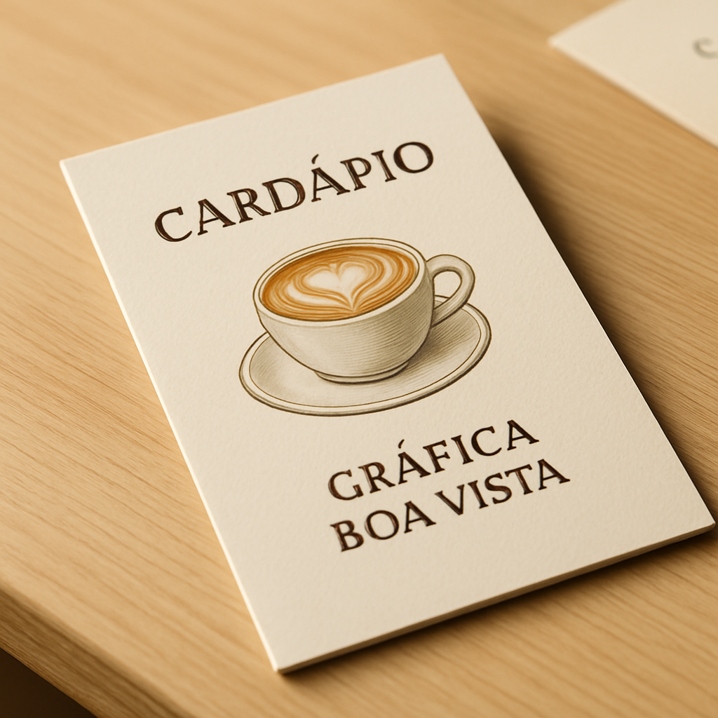 Cardápio impresso para cafeteria em uma mesa de café com visual profissional