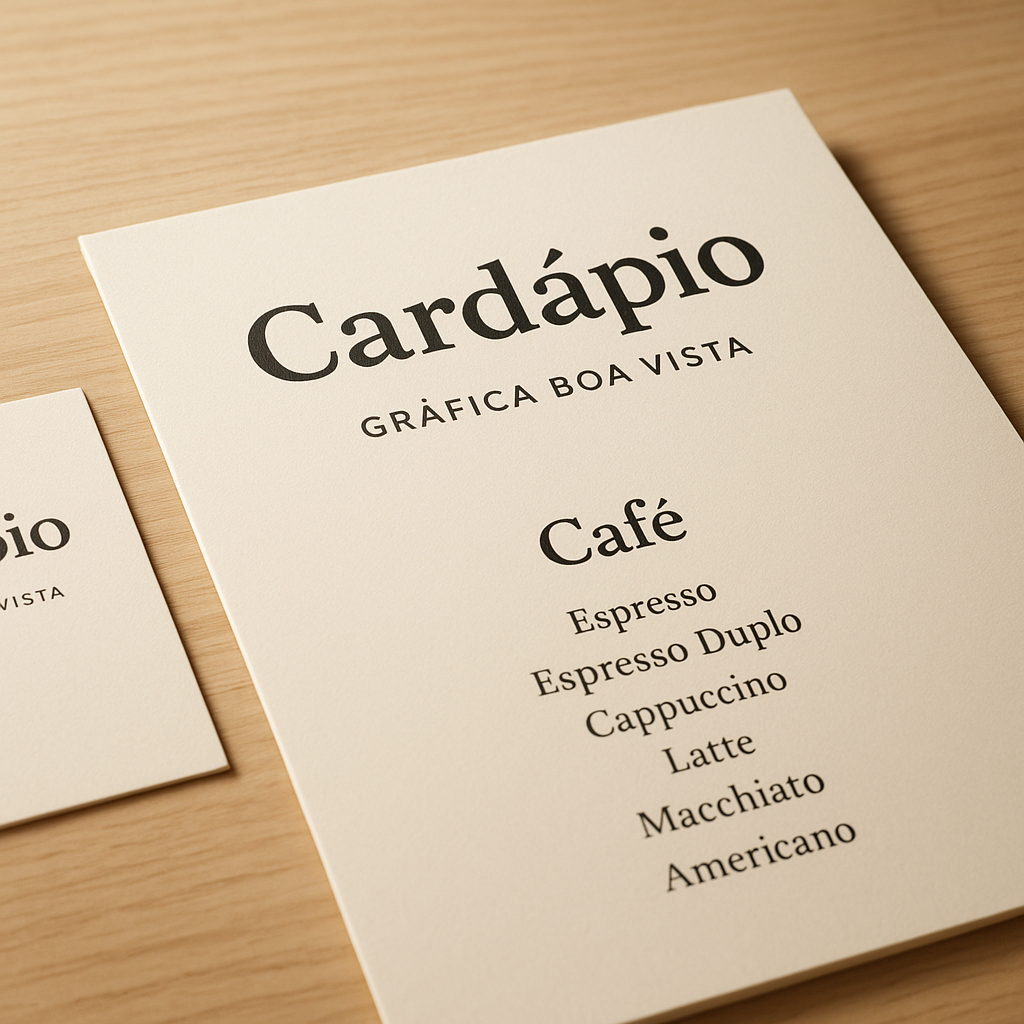 Cardápio para cafeteria personalizado em uma mesa de cafeteria, com visual profissional e acabamento impresso