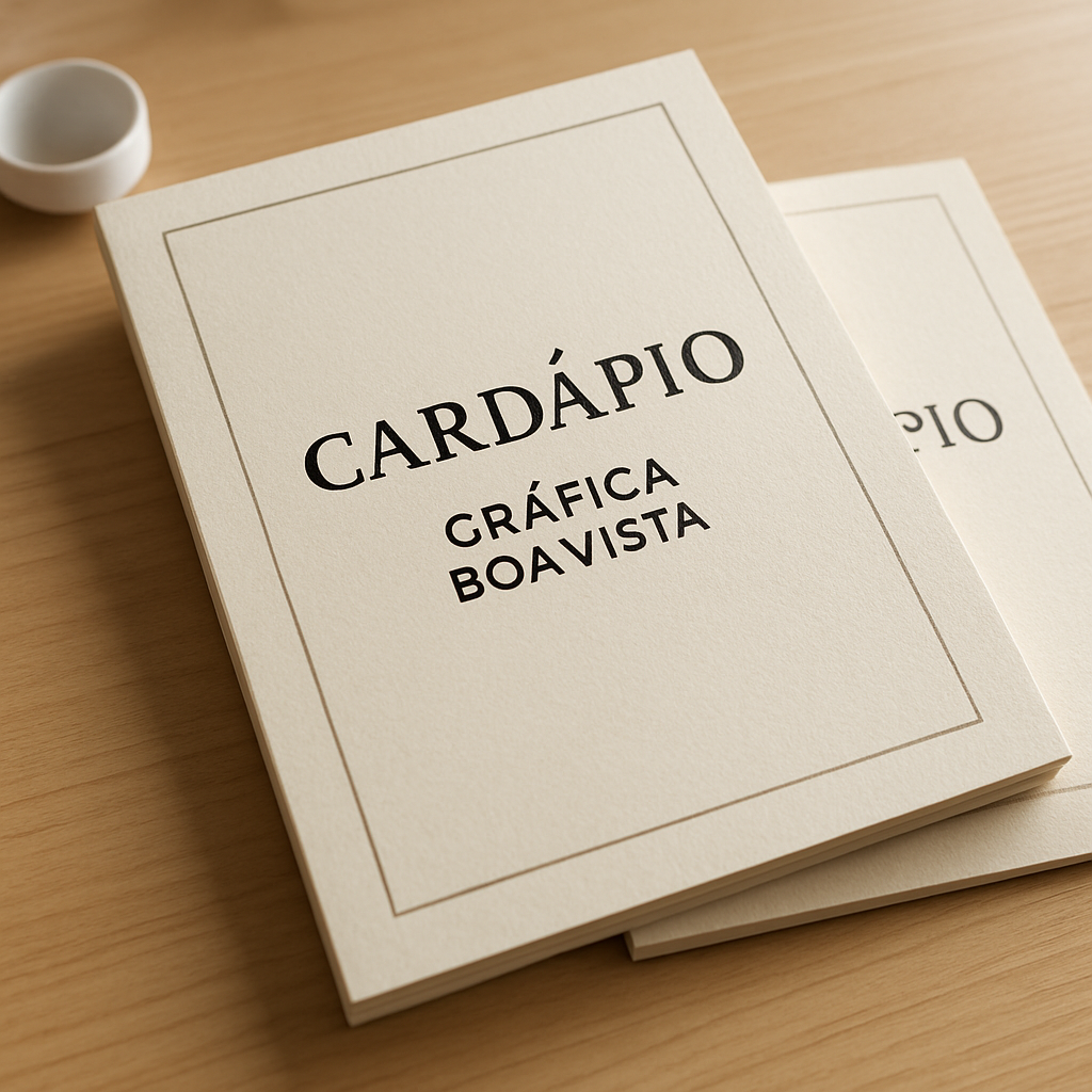 Cardápio para cafeteria personalizado em uma mesa de cafeteria, com visual profissional e acabamento impresso