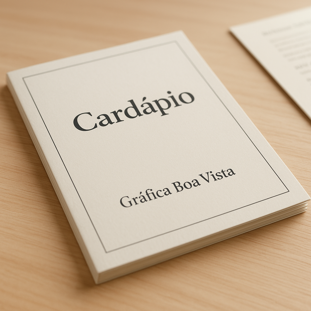 Cardápio impresso para clínica e consultório sobre mesa de recepção, com aparência profissional e acabamento elegante