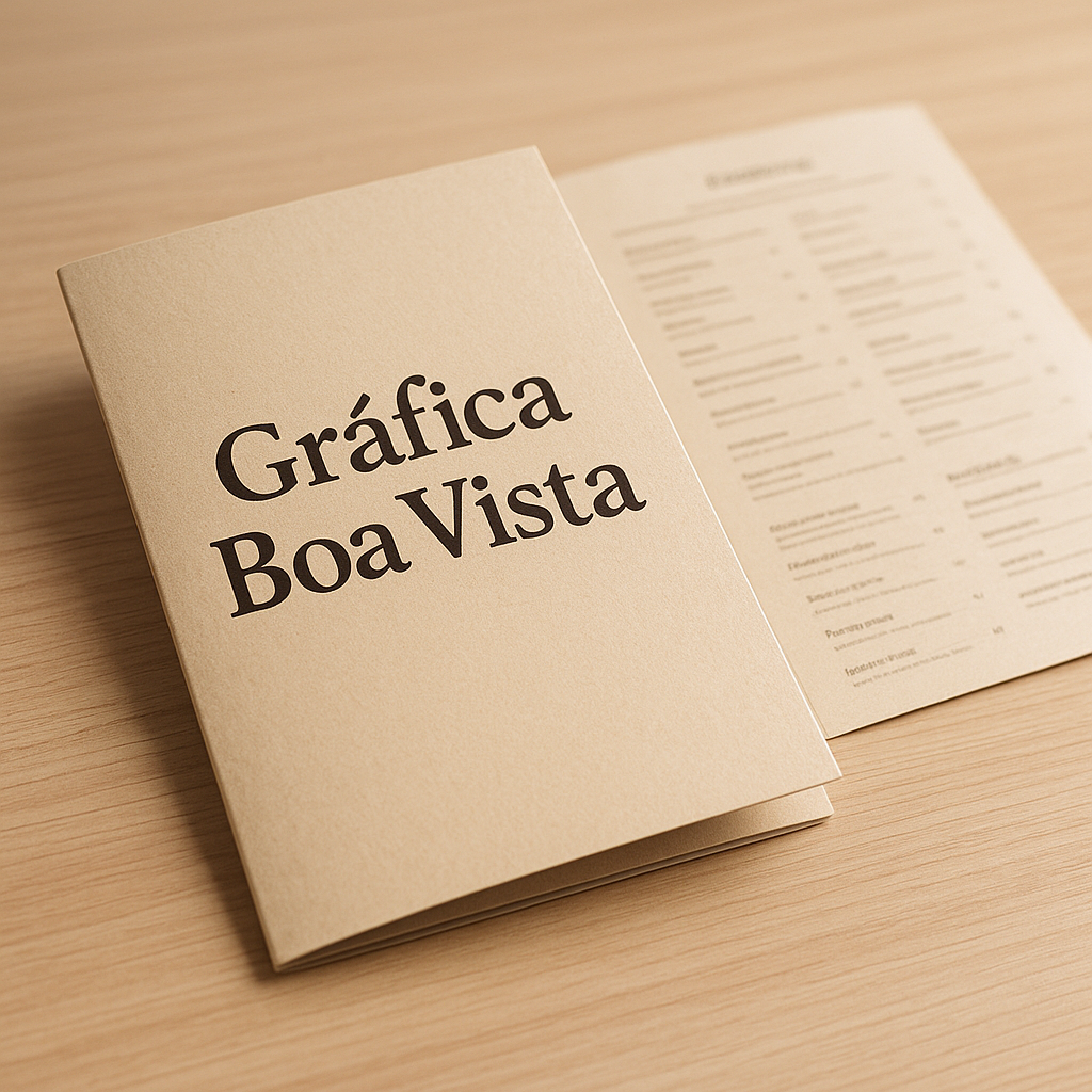 Cardápio para delivery impresso, com visual profissional, sobre uma mesa, em ambiente de restaurante