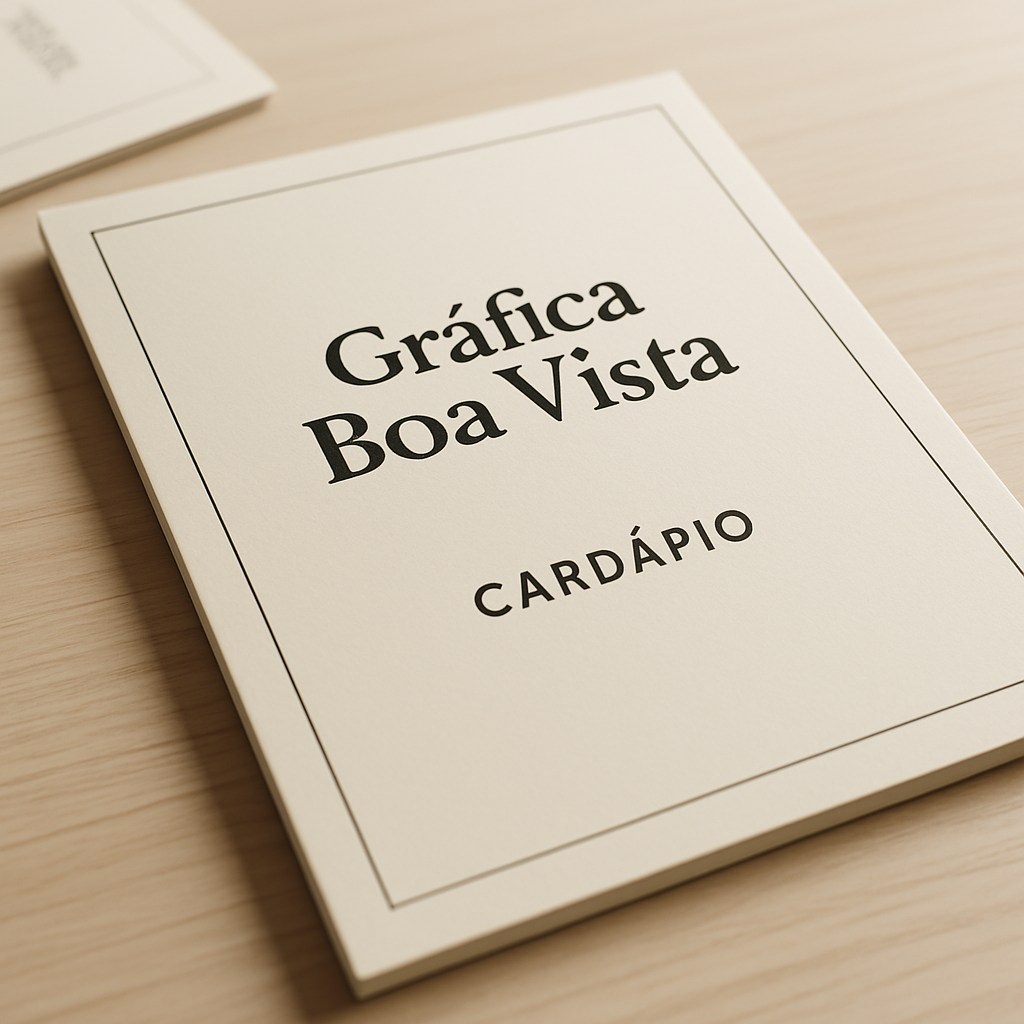 Cardápio para delivery impresso, com visual profissional, sobre uma mesa, em ambiente de restaurante