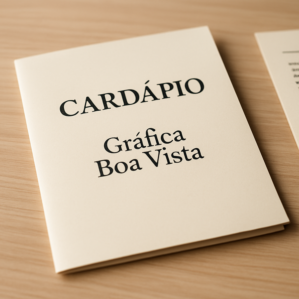 Cardápio para delivery impresso, com visual profissional, sobre uma mesa, em ambiente de restaurante