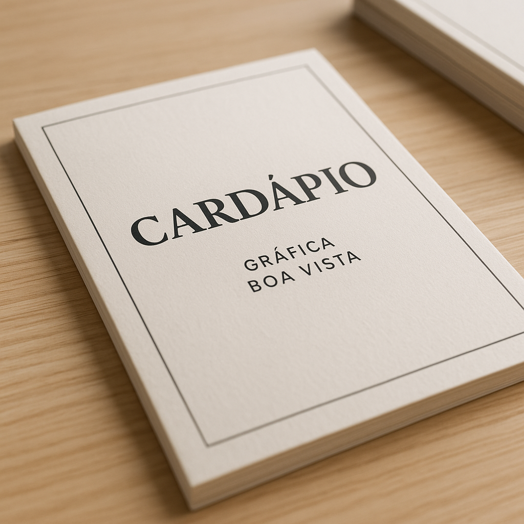 Cardápio para pizzaria sendo analisado em uma gráfica profissional em Curitiba