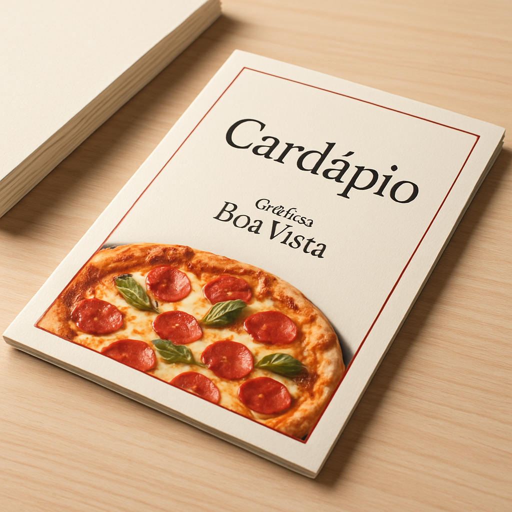 Cardápio para pizzaria sendo analisado em uma gráfica profissional em Curitiba