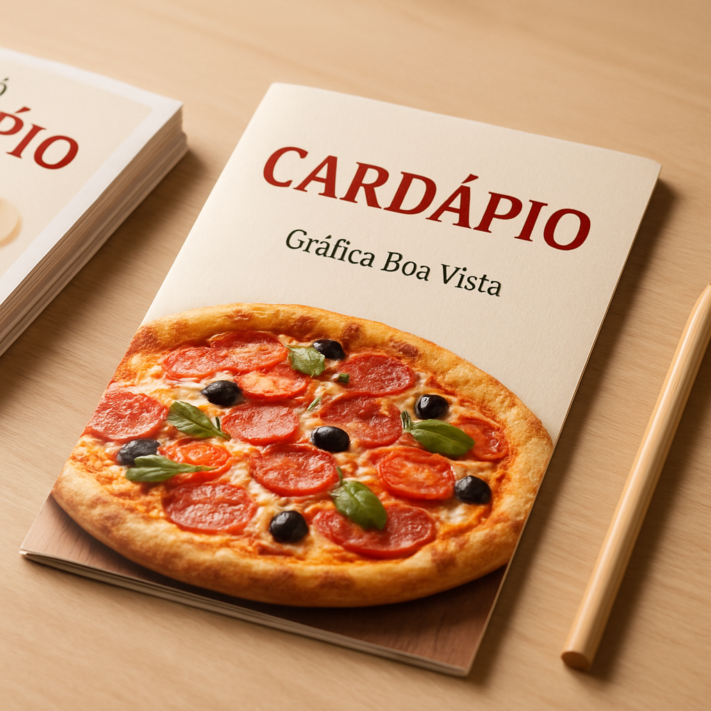 Cardápio para pizzaria sendo analisado em uma gráfica profissional em Curitiba