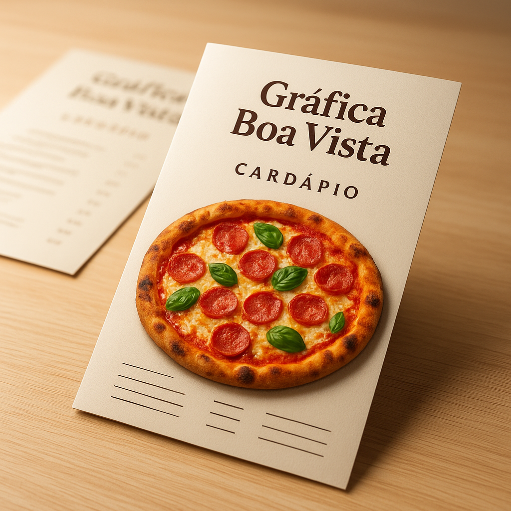 Cardápio para pizzaria impresso sobre mesa com acabamento premium em ambiente aconchegante