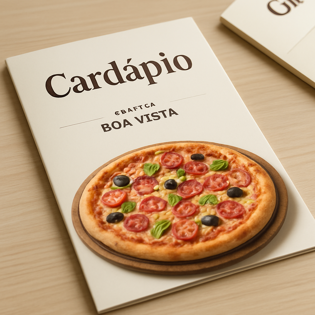 Cardápio para pizzaria impresso sobre mesa com acabamento premium em ambiente aconchegante