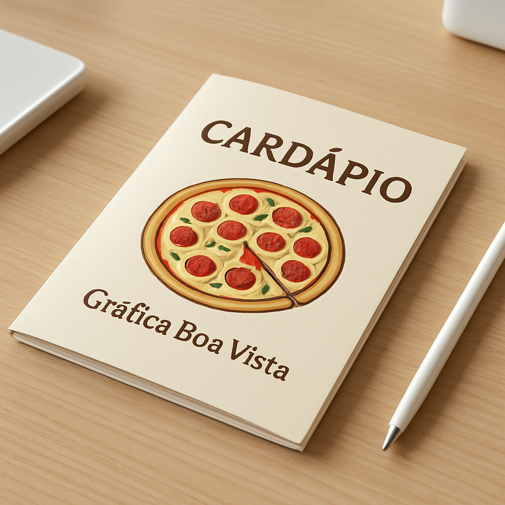 Cardápio para pizzaria impresso sobre mesa com acabamento premium em ambiente aconchegante