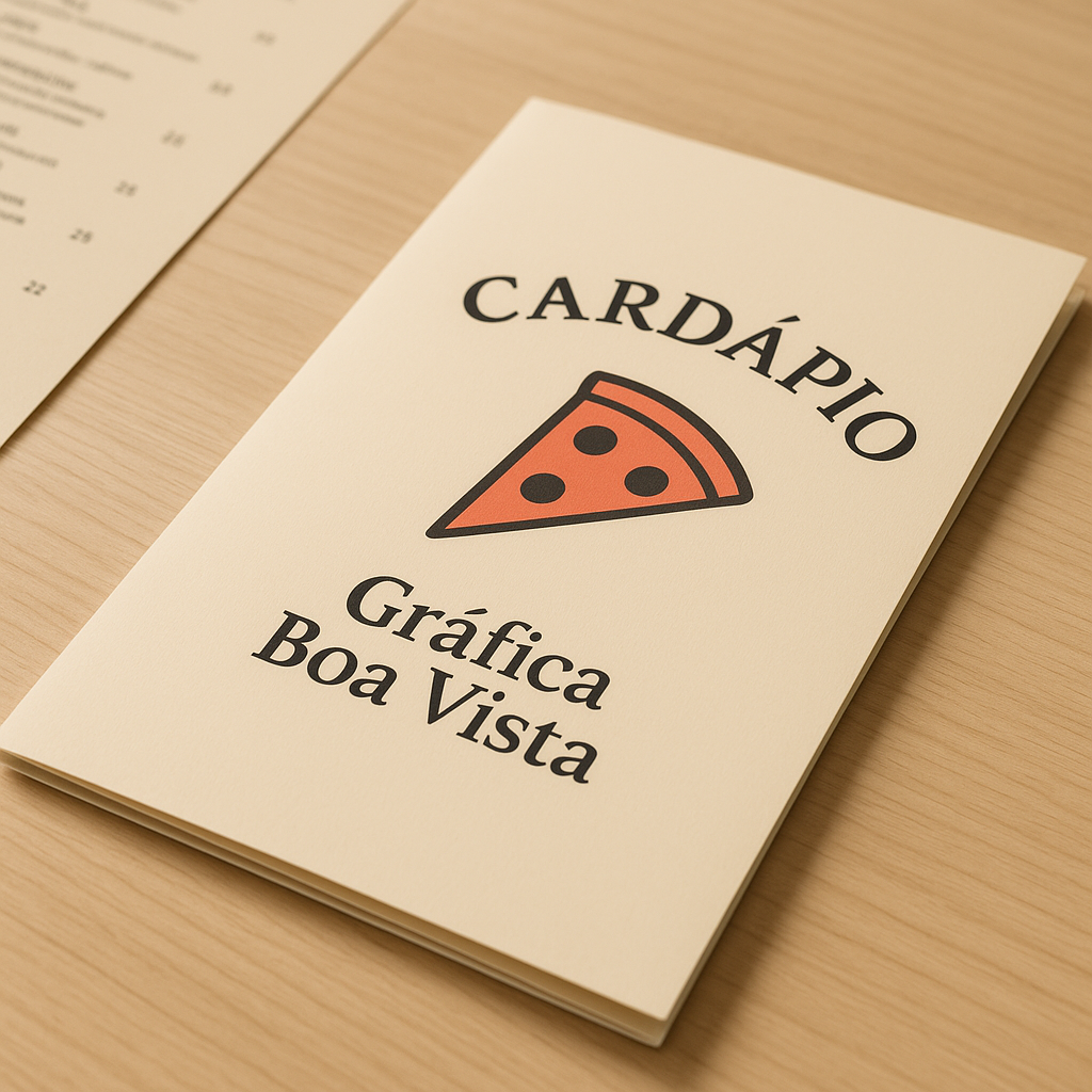 Cardápio para pizzaria impresso sobre uma mesa de pizzeria, com visual profissional e boa apresentação