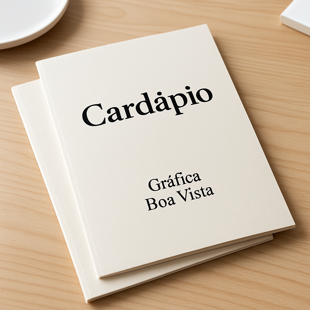 Cardápio para pizzaria impresso sobre uma mesa de pizzeria, com visual profissional e boa apresentação