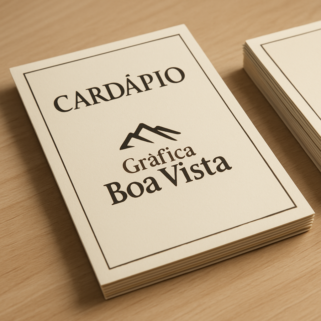 Cardápio para pizzaria impresso sobre uma mesa de pizzeria, com visual profissional e boa apresentação