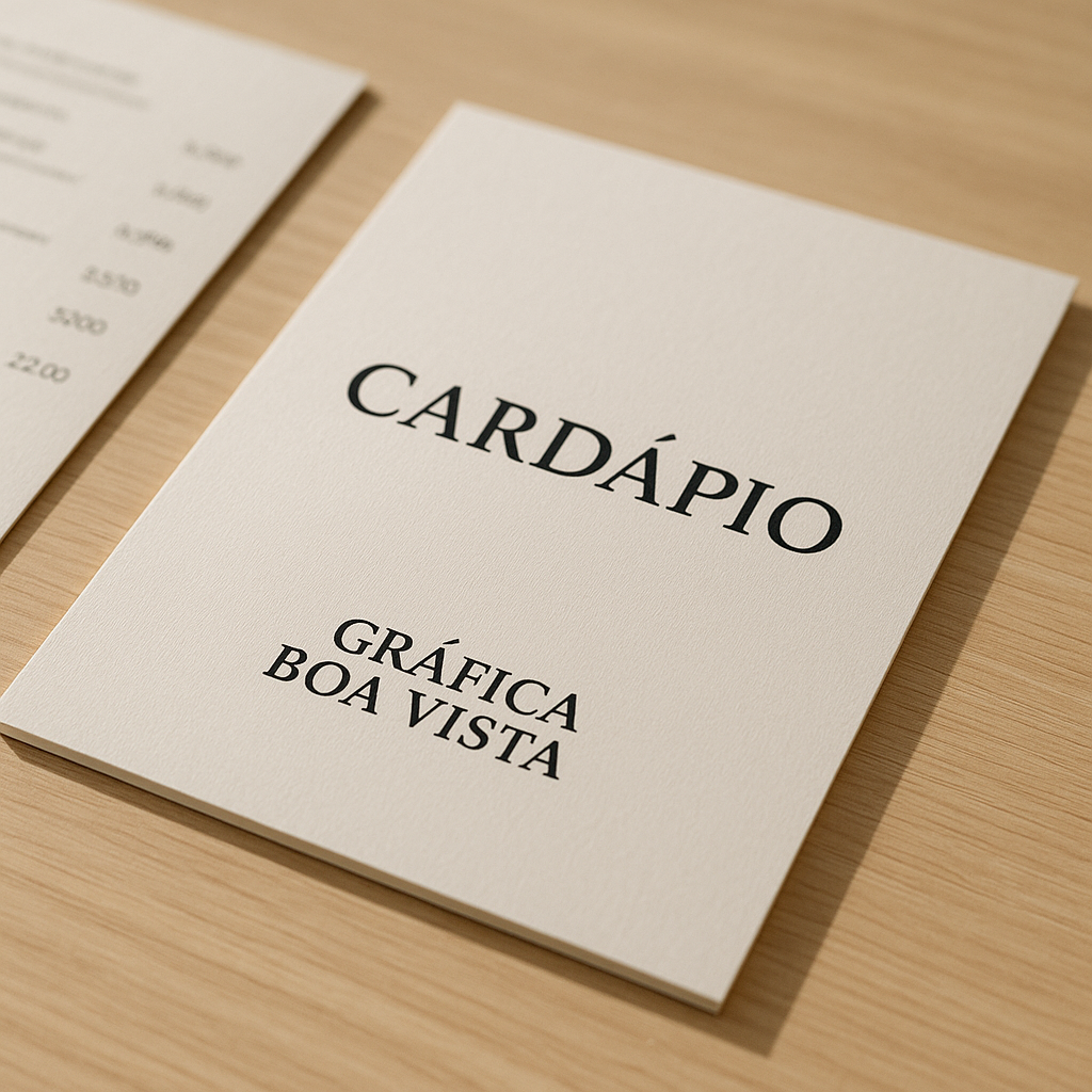 Cardápio personalizado para pizzaria em mesa de restaurante, com visual profissional e acabamento de qualidade