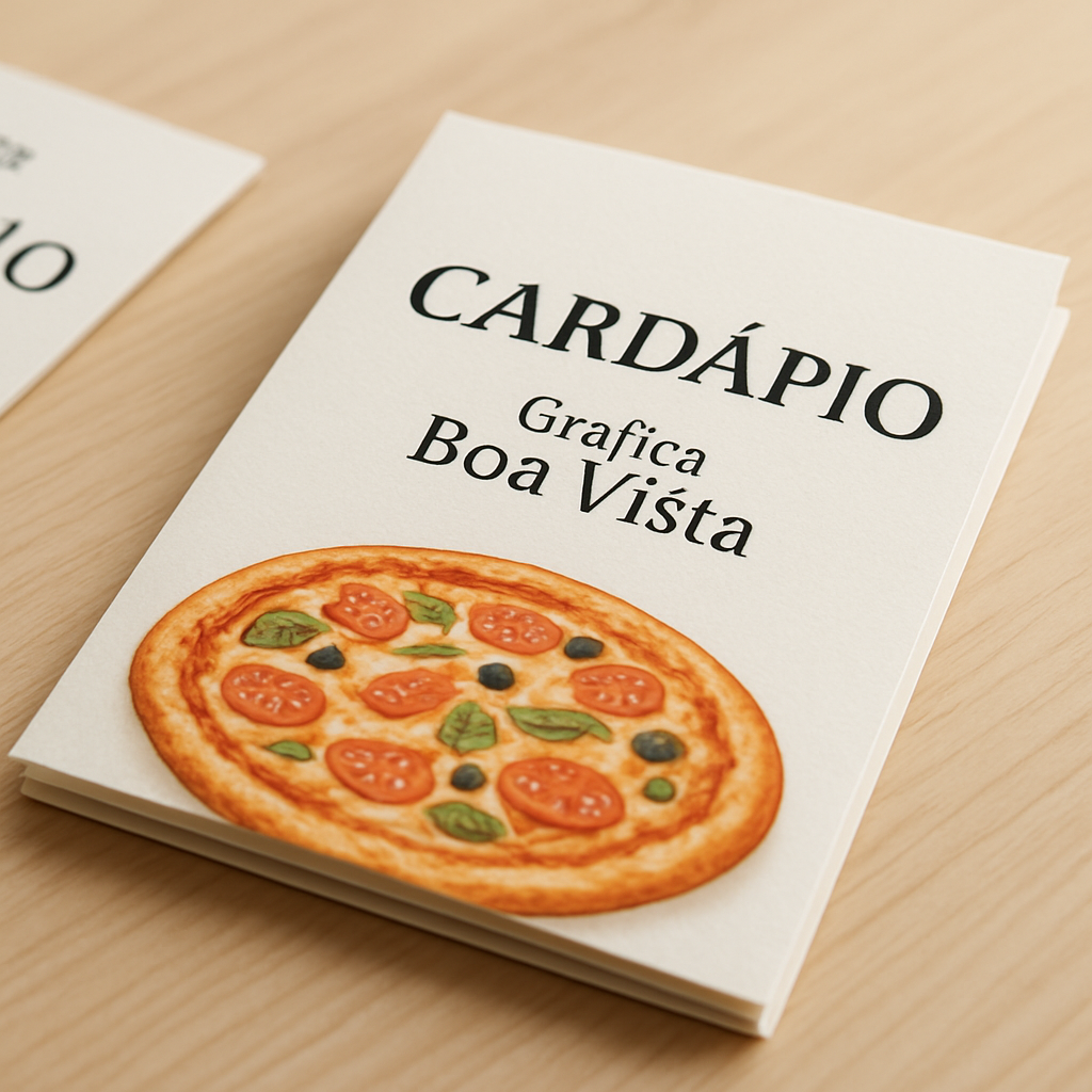 Cardápio personalizado para pizzaria em mesa de restaurante, com visual profissional e acabamento de qualidade