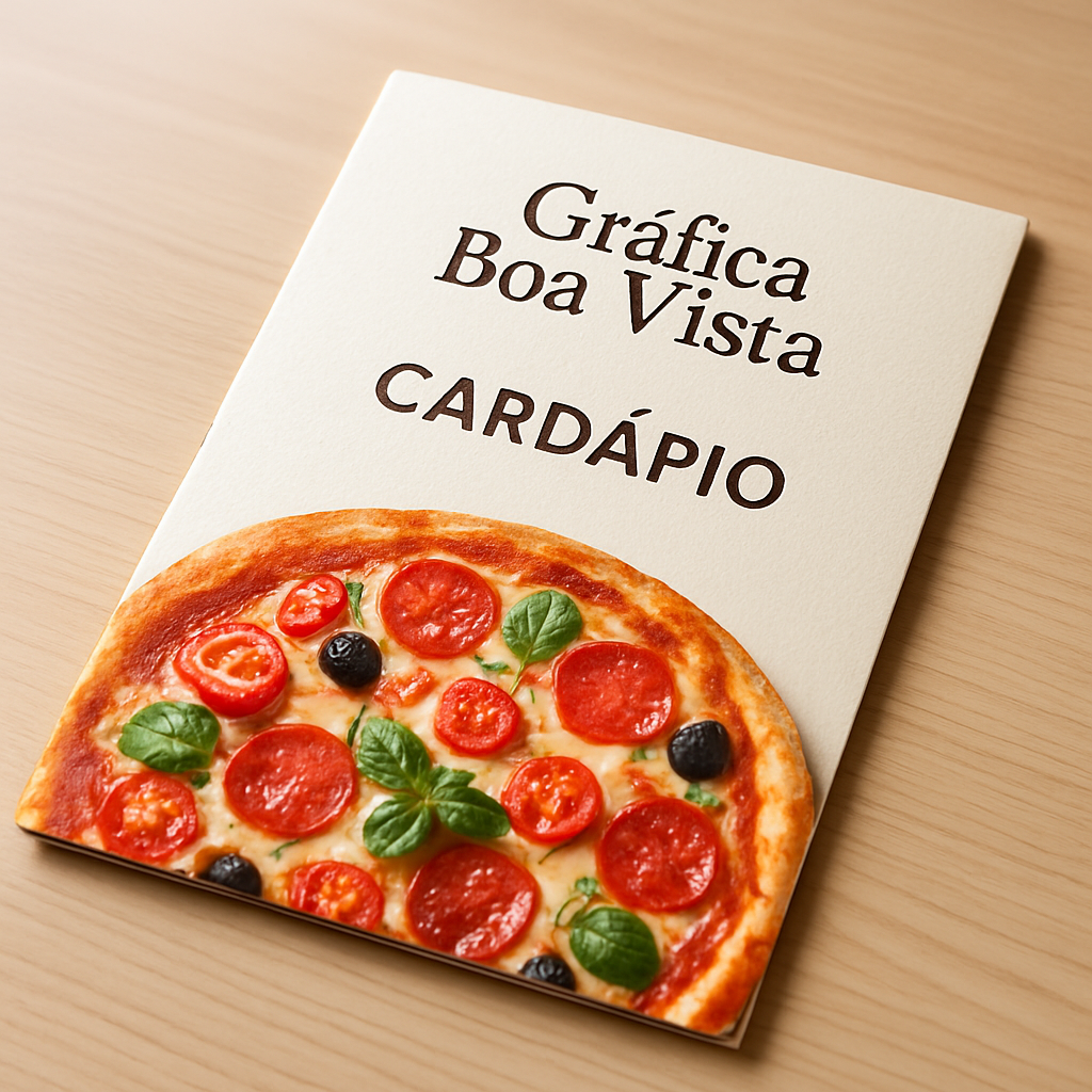 Cardápio personalizado para pizzaria em mesa de restaurante, com visual profissional e acabamento de qualidade