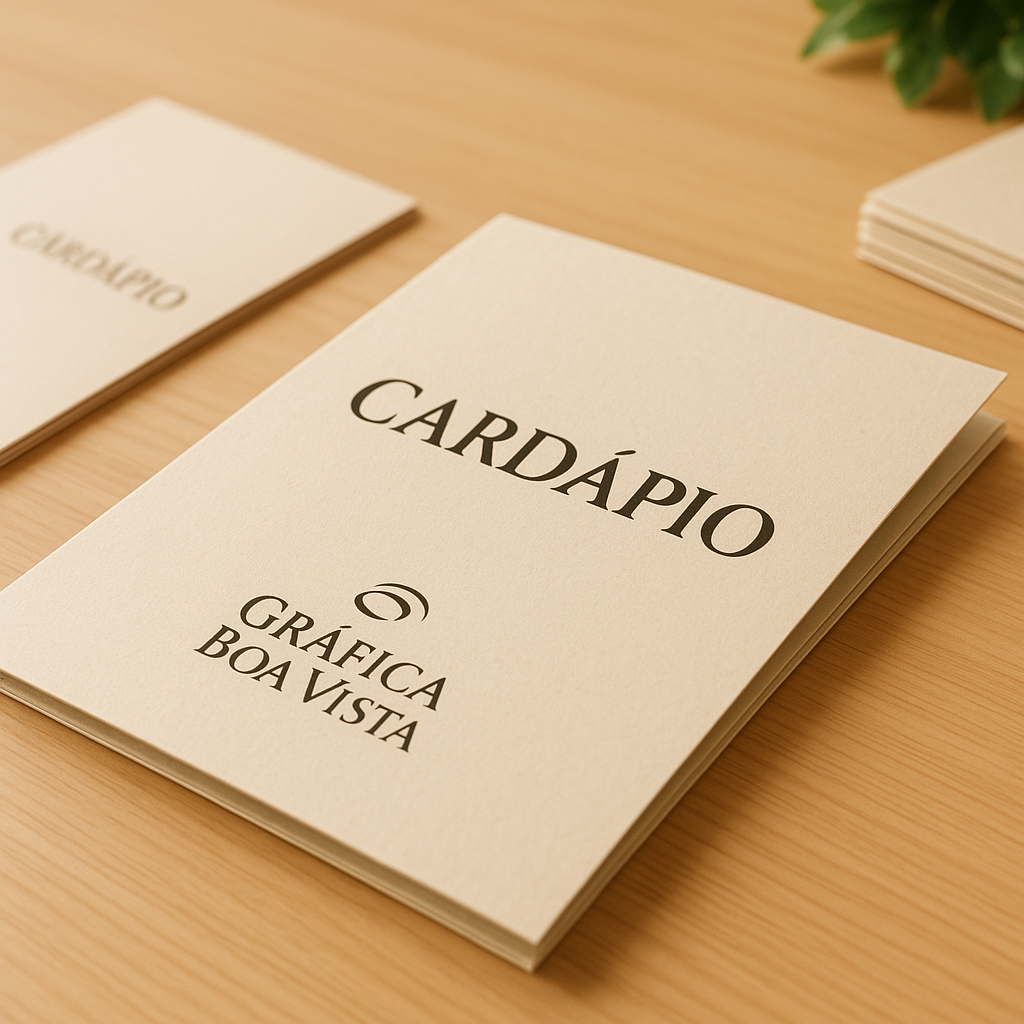 Cardápio para restaurante personalizado sobre mesa de madeira em ambiente de restaurante moderno