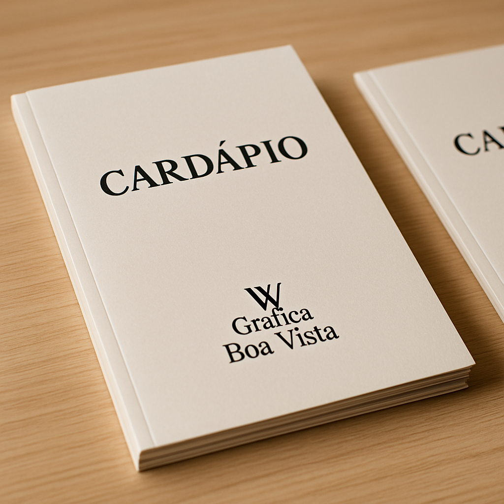 Cardápio para restaurante personalizado sobre mesa de madeira em ambiente de restaurante moderno