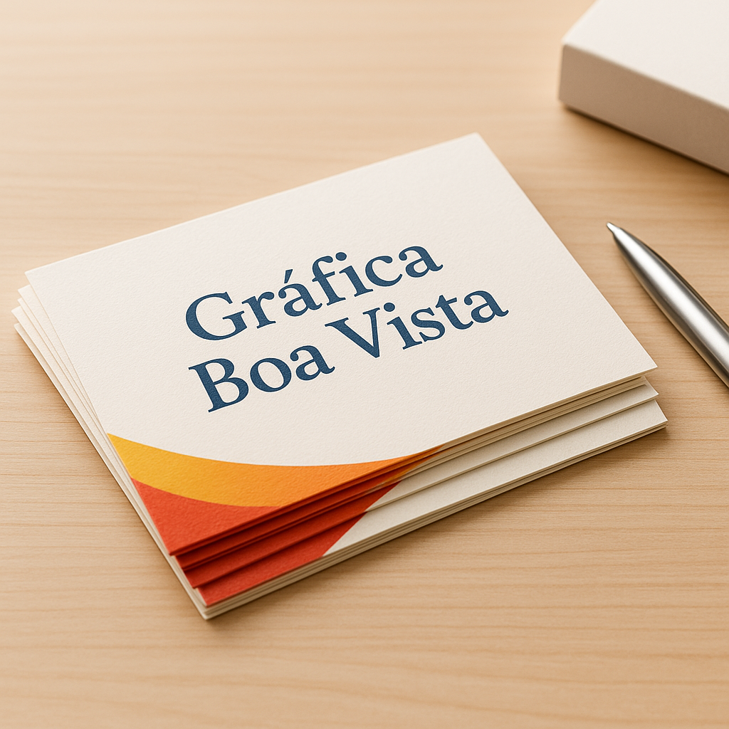 Cartões postais impressos com qualidade sobre uma mesa de gráfica profissional