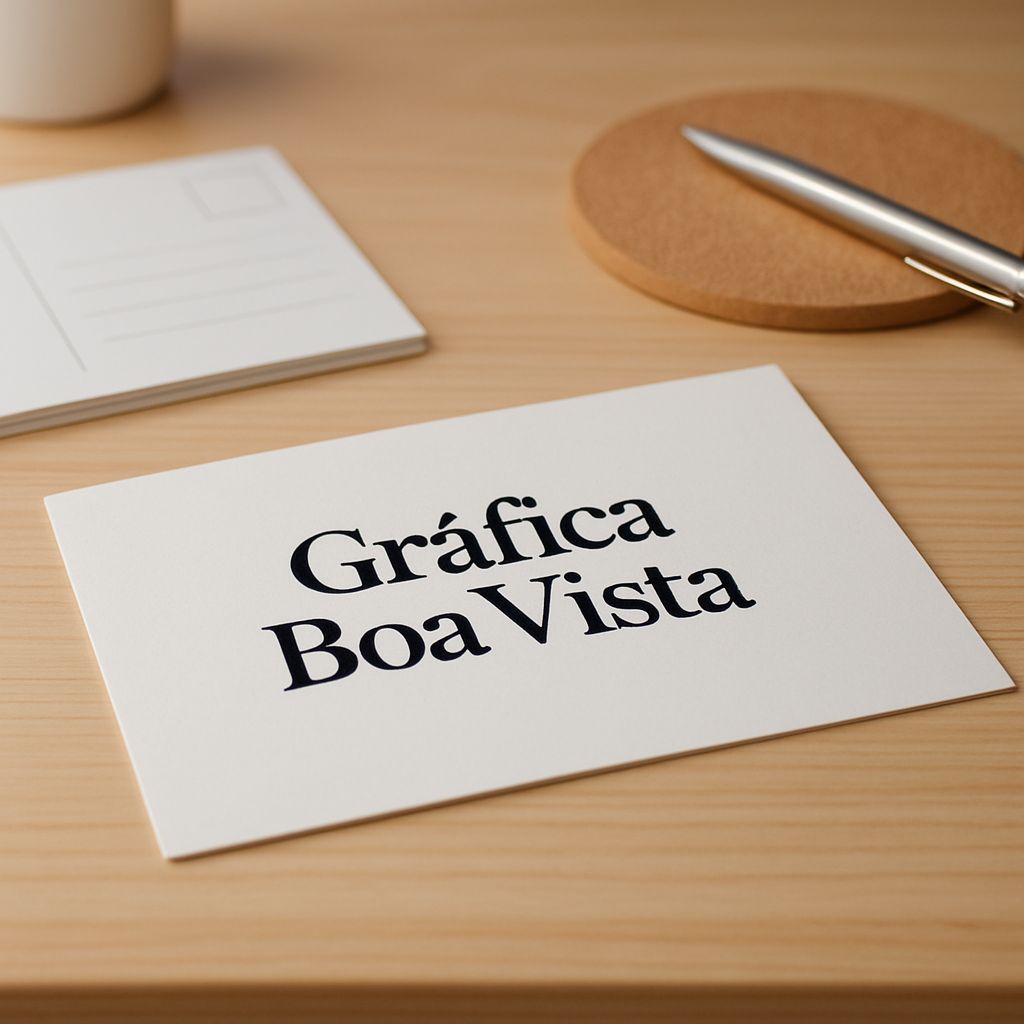 Cartões postais impressos com qualidade sobre uma mesa de gráfica profissional