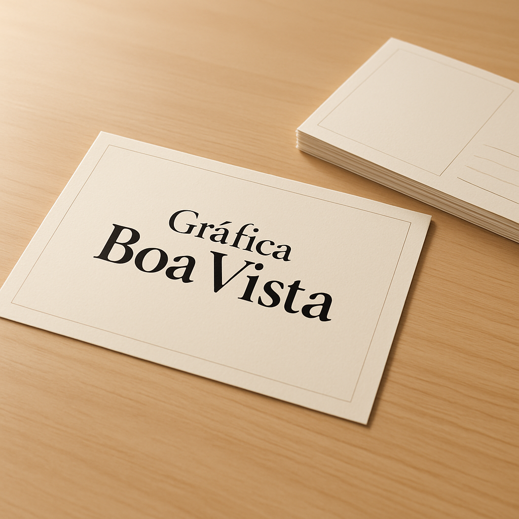 Cartões postais impressos com qualidade sobre uma mesa de gráfica profissional