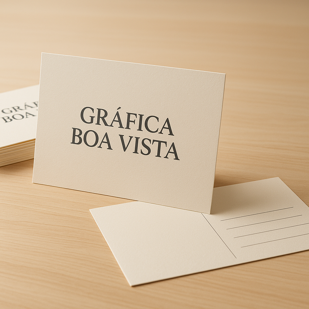 Cartões postais impressos em uma recepção de clínica, com visual profissional e limpo