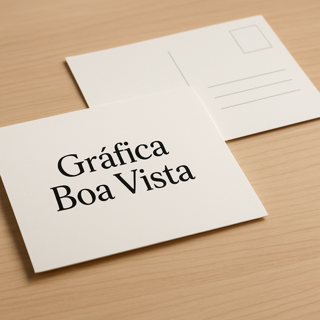 Cartões postais impressos em uma recepção de clínica, com visual profissional e limpo