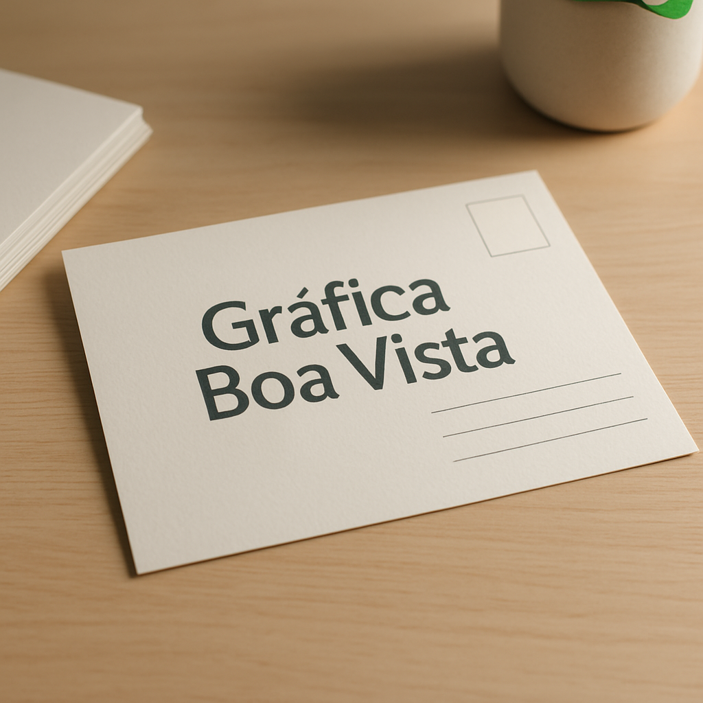 Cartões postais impressos em uma recepção de clínica, com visual profissional e limpo