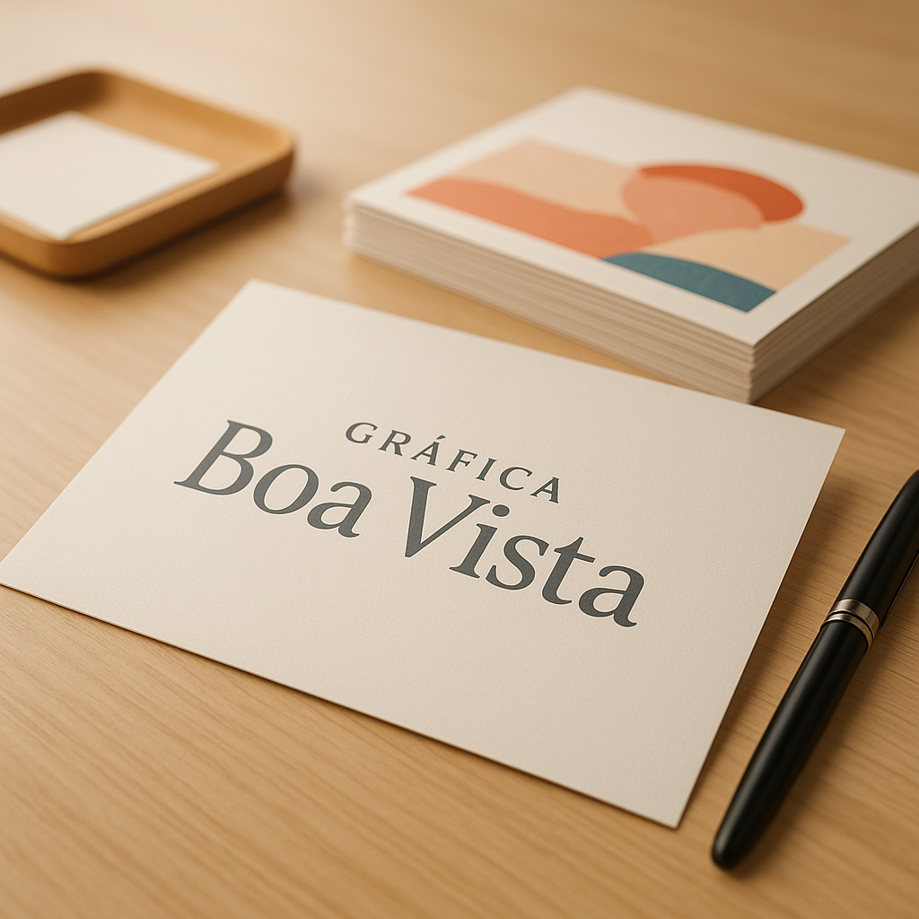 Cartões postais impressos e organizados em uma mesa de gráfica, com acabamento profissional.