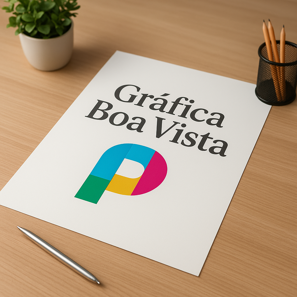 Cartaz A3 em ambiente de gráfica com amostras de papel e arte para aprovação