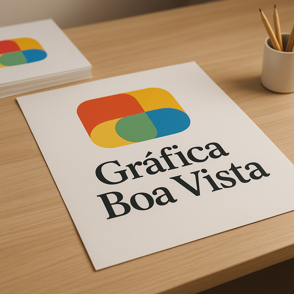 Cartaz promocional sendo avaliado em uma gráfica em Curitiba, com amostras de papel e impressão profissional