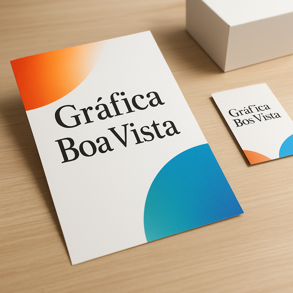 Cartaz promocional sendo avaliado em uma gráfica em Curitiba, com amostras de papel e impressão profissional
