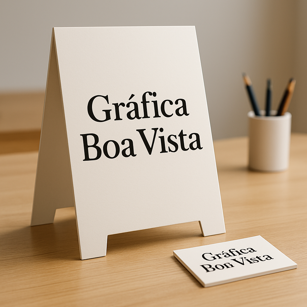 Cavalete de comunicação visual em frente a uma loja, com aparência profissional e uso comercial