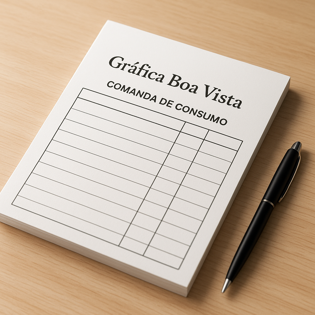Comandas de consumo impressas em uma bancada, mostrando acabamento profissional e uso comercial