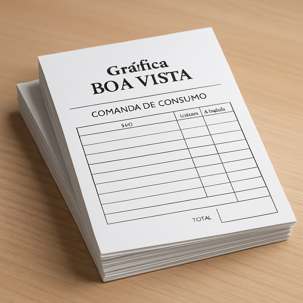 Comandas de consumo impressas em uma bancada, mostrando acabamento profissional e uso comercial