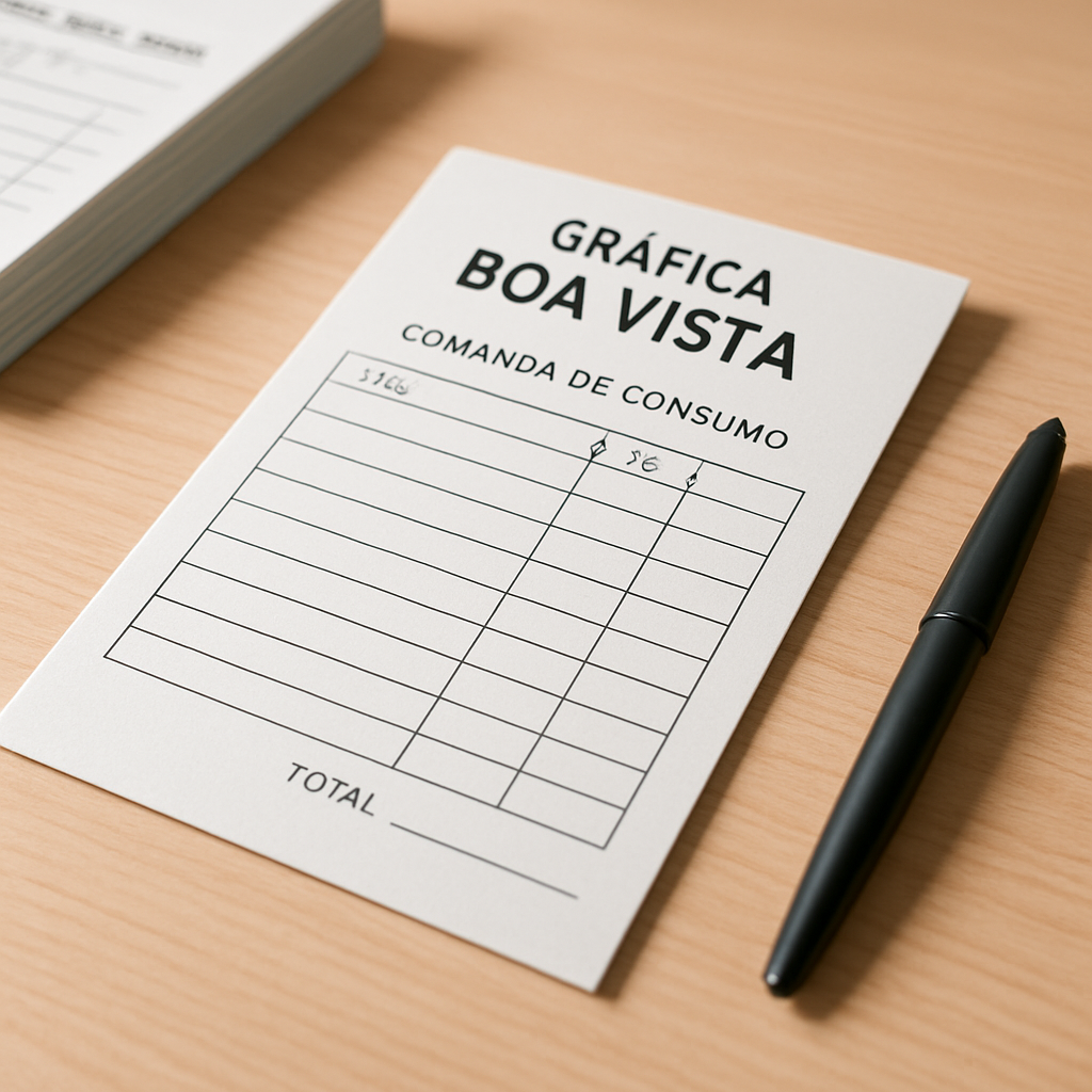 Comandas de consumo impressas em uma bancada, mostrando acabamento profissional e uso comercial