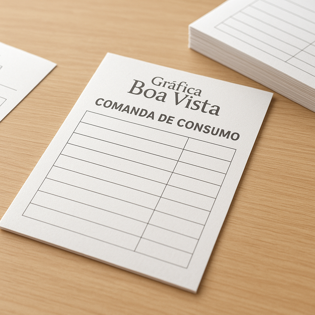 Pilha de comandas de consumo personalizadas em uma mesa de gráfica, com visual profissional