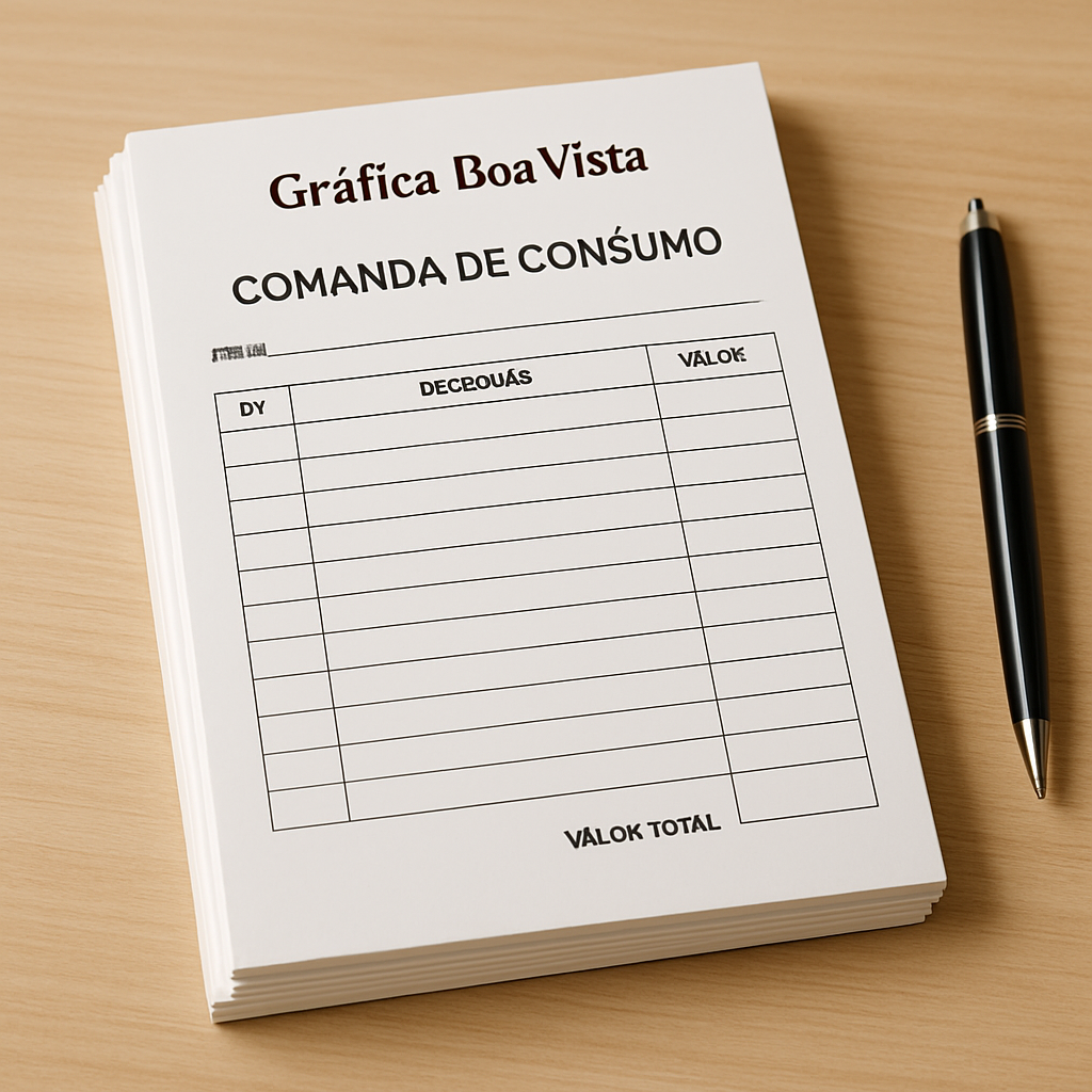 Pilha de comandas de consumo personalizadas em uma mesa de gráfica, com visual profissional