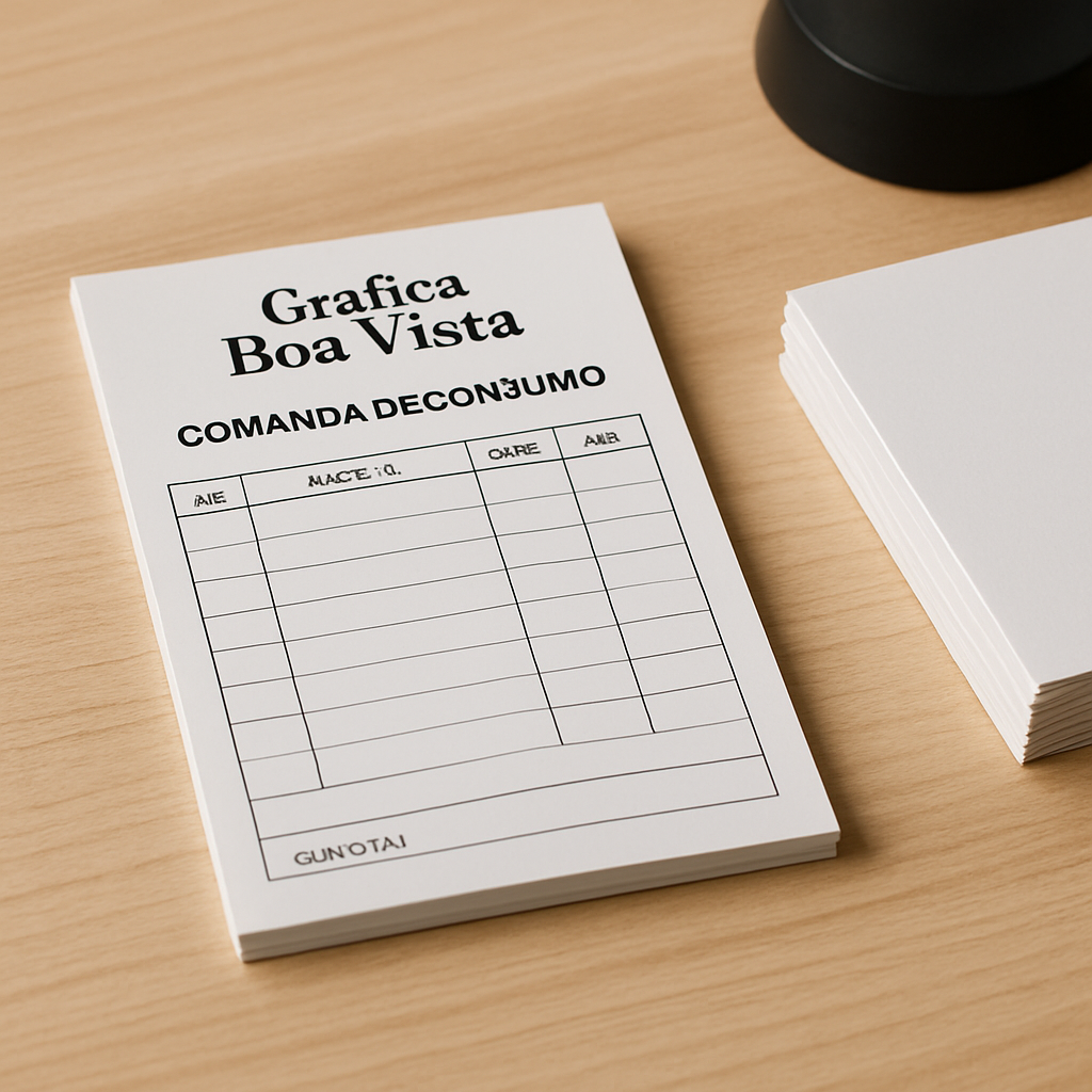 Pilha de comandas de consumo personalizadas em uma mesa de gráfica, com visual profissional