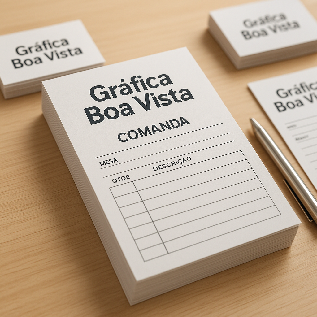 Comandas personalizadas impressas para clínicas e consultórios sobre uma mesa de recepção