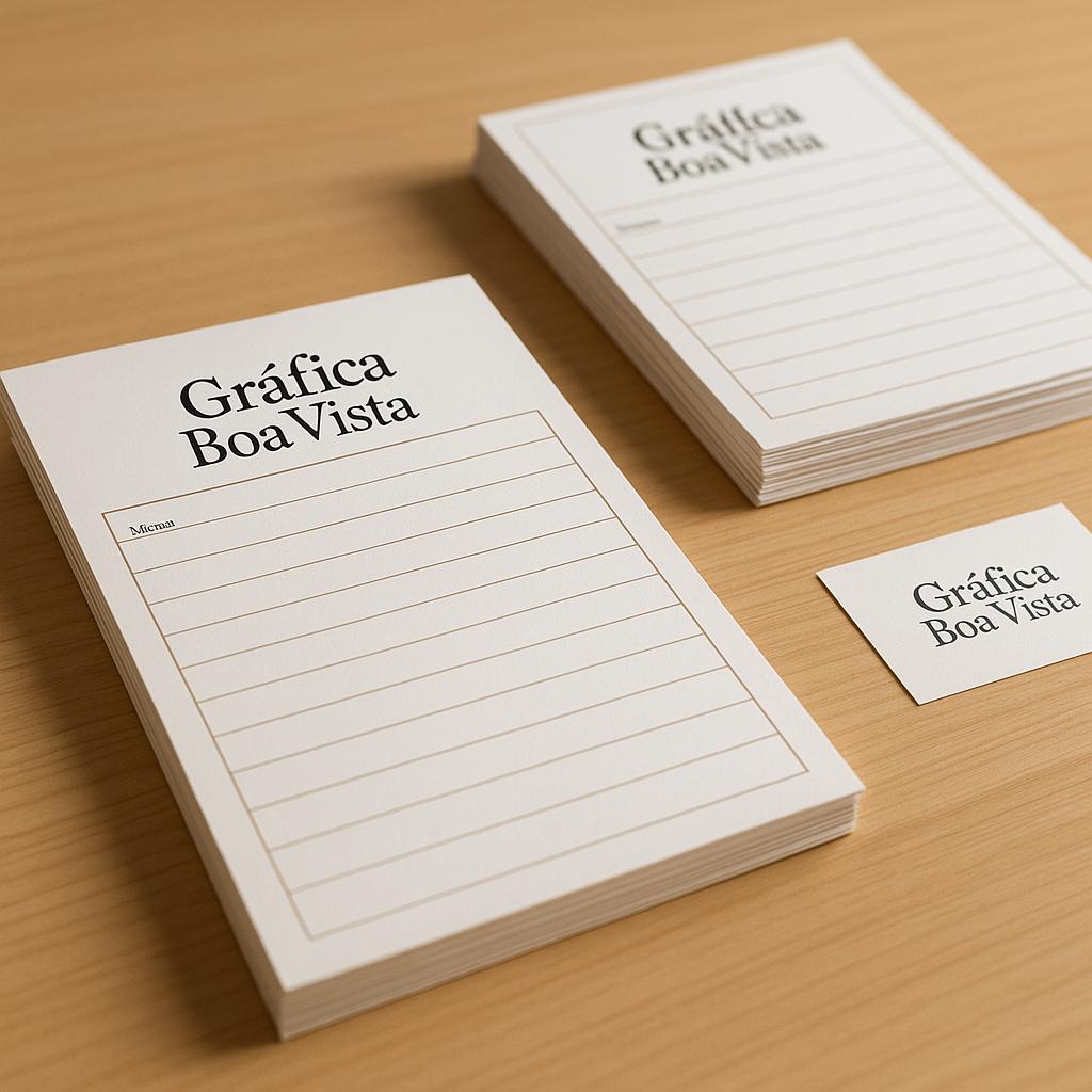 Comanda impressa personalizada em ambiente de gráfica, sobre mesa limpa e bem iluminada
