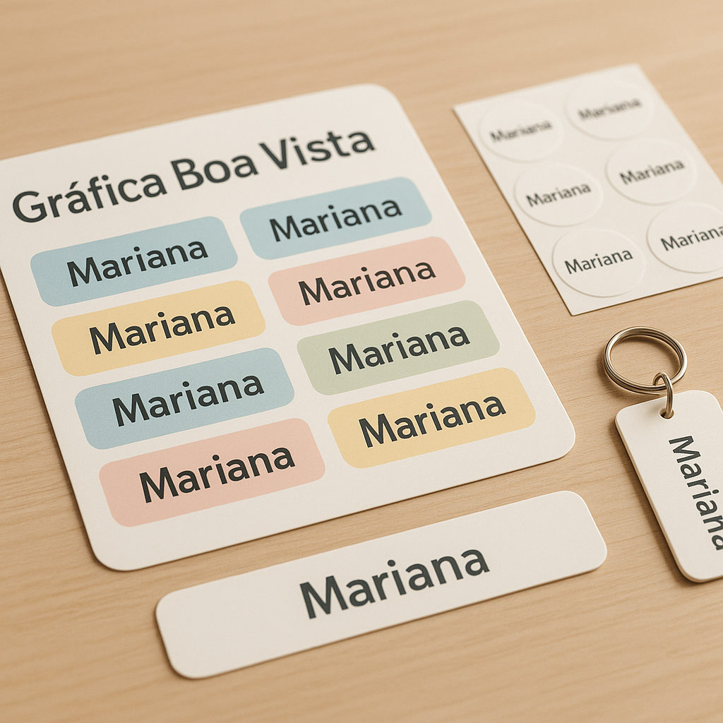 Combo de etiquetas escolares personalizadas em vinil impermeável, com diferentes tamanhos e materiais escolares ao fundo