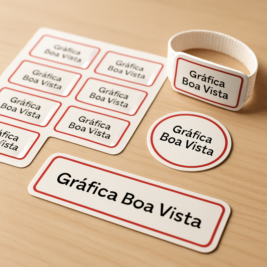 Combo de etiquetas escolares personalizadas em vinil impermeável, com diferentes tamanhos e materiais escolares ao fundo