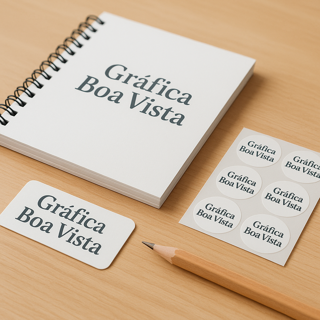 Combo de etiqueta escolar impermeável com etiquetas personalizadas sobre uma mesa, ao lado de material escolar