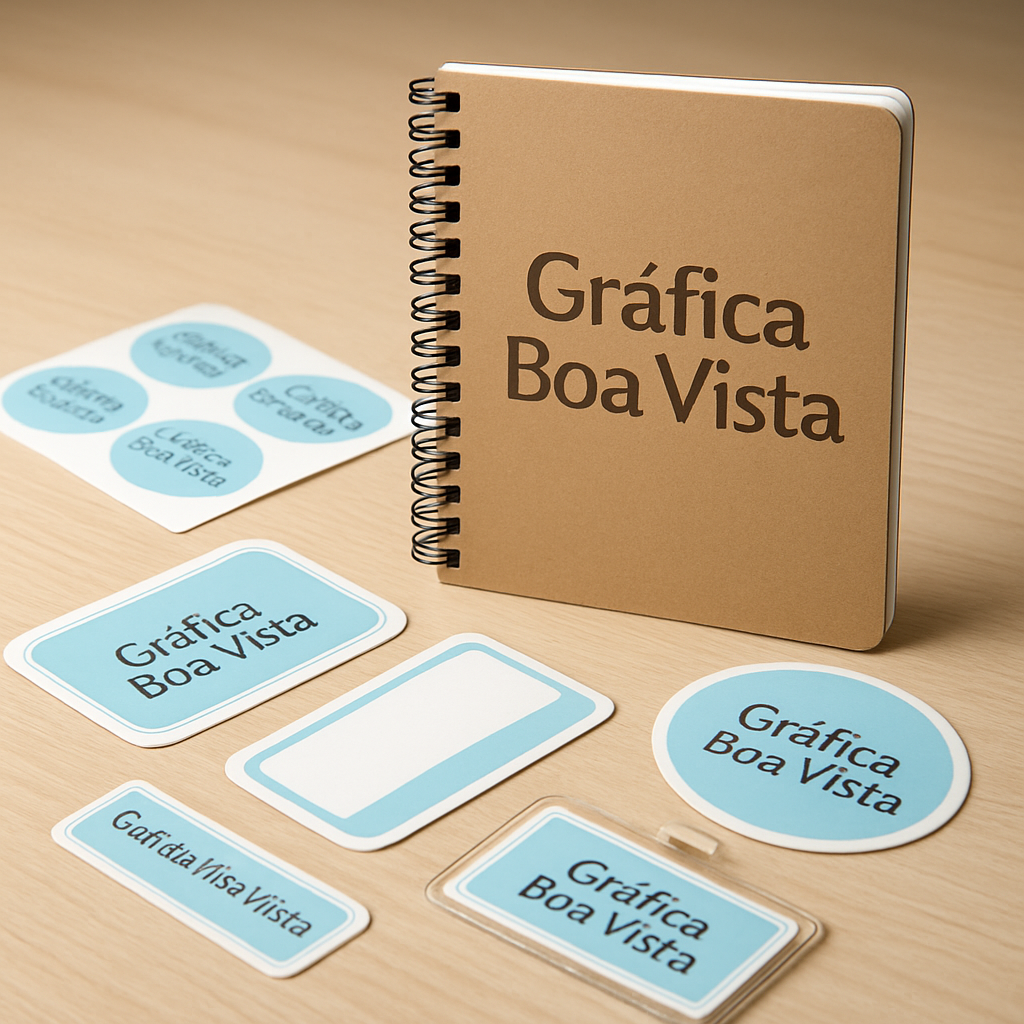 Combo de etiqueta escolar impermeável com etiquetas personalizadas sobre uma mesa, ao lado de material escolar