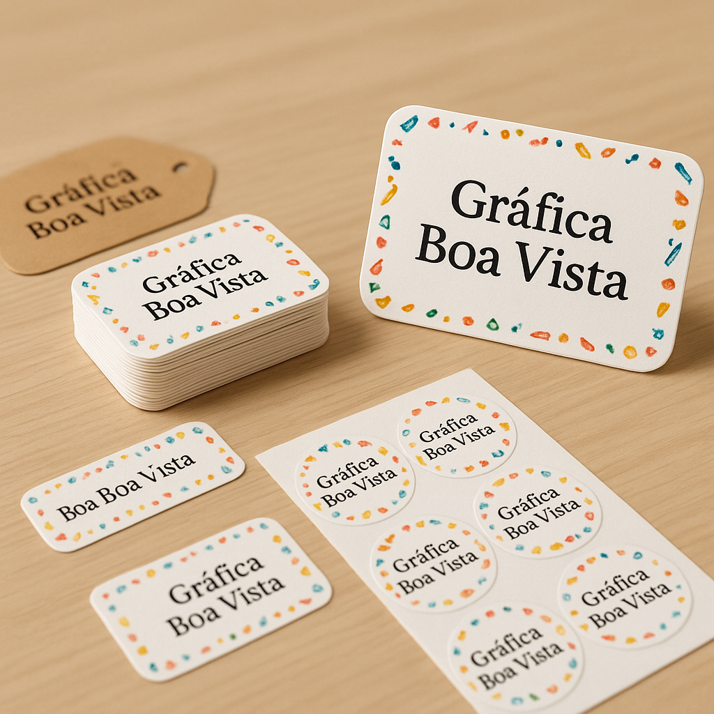 Combo de etiquetas escolares personalizadas em diferentes tamanhos sobre mesa de gráfica, com material vinil impermeável
