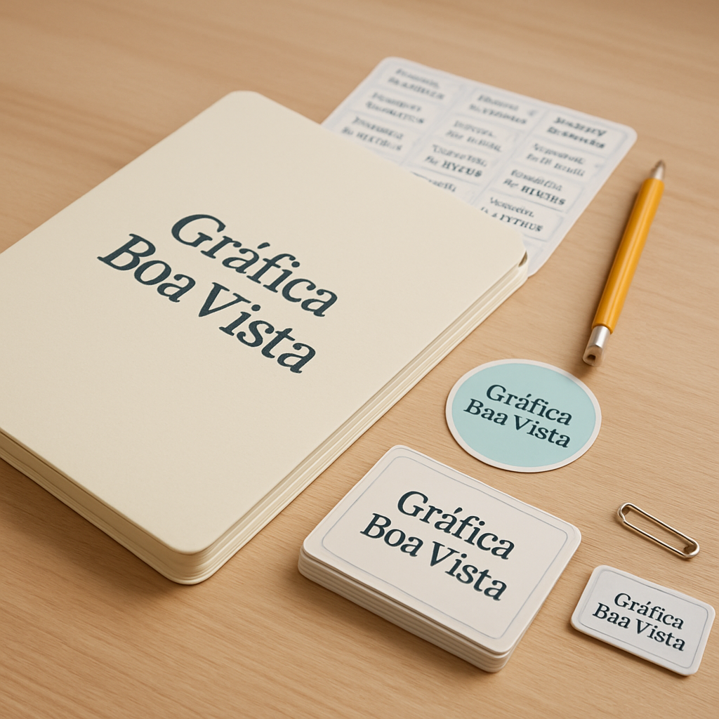 Combo de etiquetas escolares personalizadas em diferentes tamanhos sobre mesa de gráfica, com material vinil impermeável