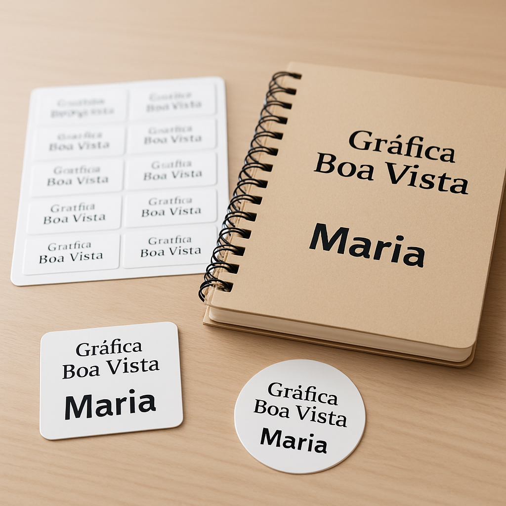 Combo de etiquetas escolares personalizadas em diferentes tamanhos sobre mesa de gráfica, com material vinil impermeável