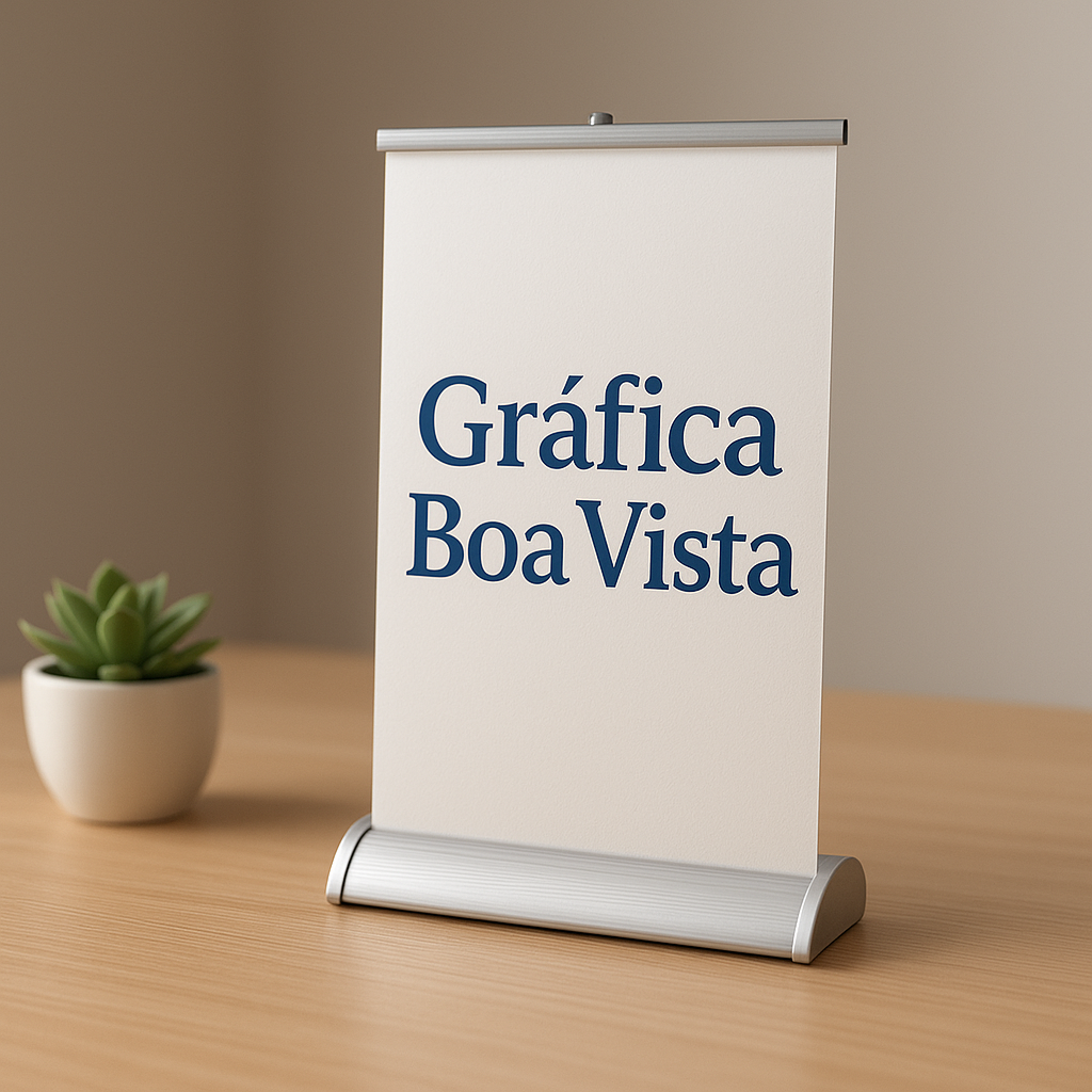 Banner roll up profissional em ambiente corporativo, com visual limpo e estrutura retrátil